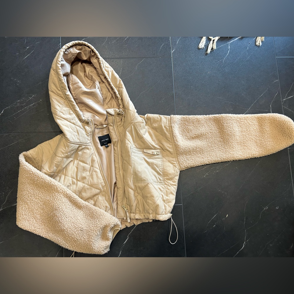 Love Tree Quilted Beige Hooded Jacket